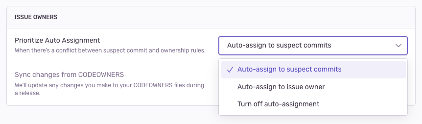 Select from dropdown to automatically assign issues to their suspect commit authors.